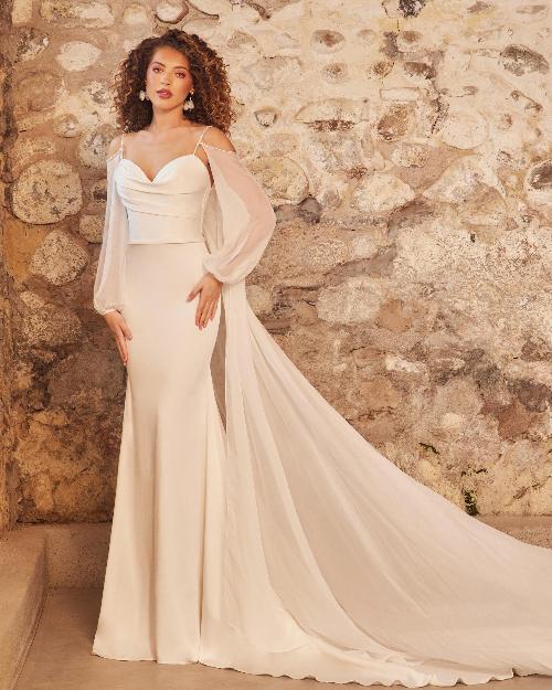 Lp2232 fitted satin wedding dress with buttons down the back and cape1